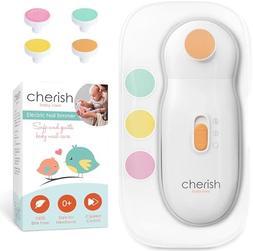 Cherish Baby Care Award-Winning Baby Nail Trimmer Electric - Auto Safety Stop, Electric Nail File Baby, Baby Nail File Electric Nail Trimmer for Baby with Storage Case and 4 Filing Pads (0-12+ months)