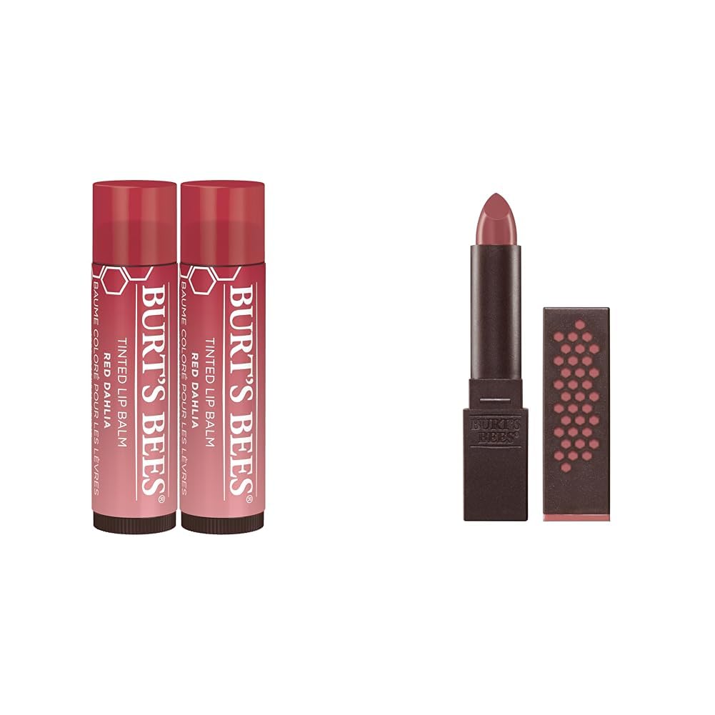 Burt's Bees Lip Tint Balm, Red Dahlia, 2-Pack, Hydrating Shea Butter for a Natural Looking Buildable Finish & 100% Natural Moisturizing Lipstick, Blush Basin, 1 Tube