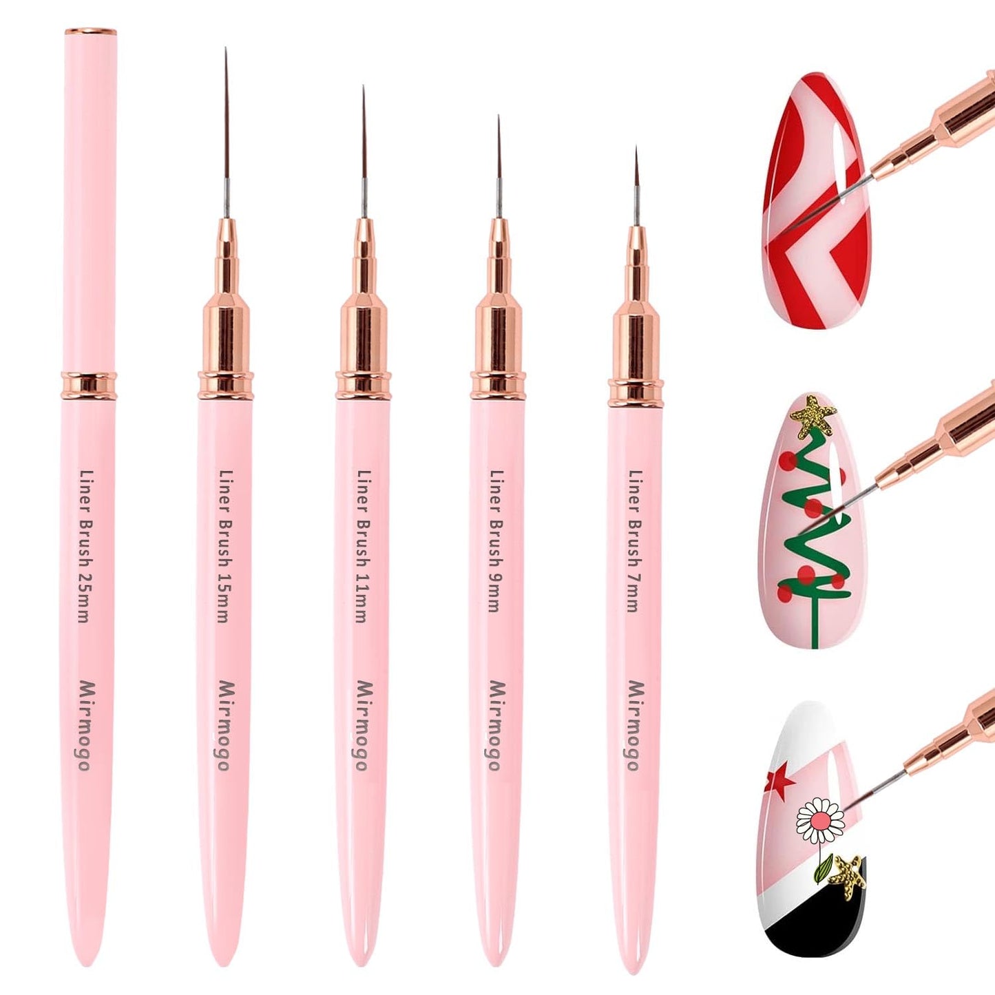 Mirmogo Nail Art Liner Brushes,5pcs Nail Design Brush Set, Nail Dotting Drawing Tool for Long Lines,Thin Details, Fine Drawing, Delicate Coloring, Elongated Lines,Sizes 7/9/11/15/25mm(Pink)