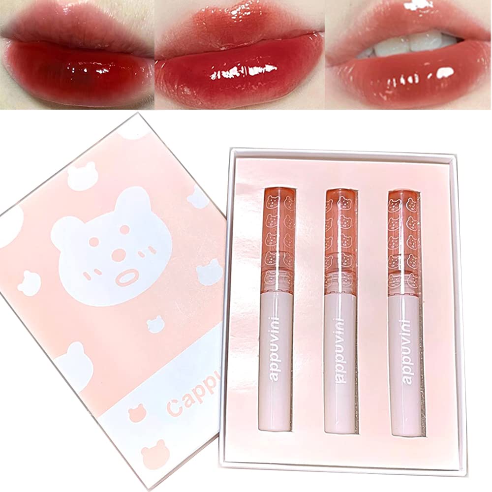 3Pcs Mirror Water Lip Gloss Glass Lipstick Set, Moisturizing Long Lasting Lip Glaze, Hydrated & Fuller-looking Lips, High Pigmented Lip Makeup Gift Sets for Girls and Women (B)