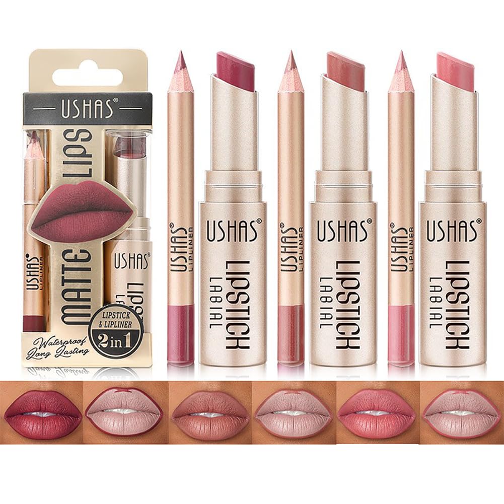 6 Colors Matte Lipstick Set 3 Colors Matte Lip Liner Pens + 3 Colors Velvety Matte Lipstick High Pigmented Long Lasting Lip Makeup Kit with Nice Gift Package