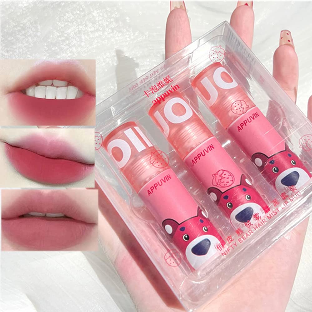 3 Colors Cute Mini Velvet Matte Lipstick Set, Waterproof & Long-Lasting Smudge Proof Pink Color Lip Gloss Lip Stains Makeup Set with Gift Box | Mud Texture (B)