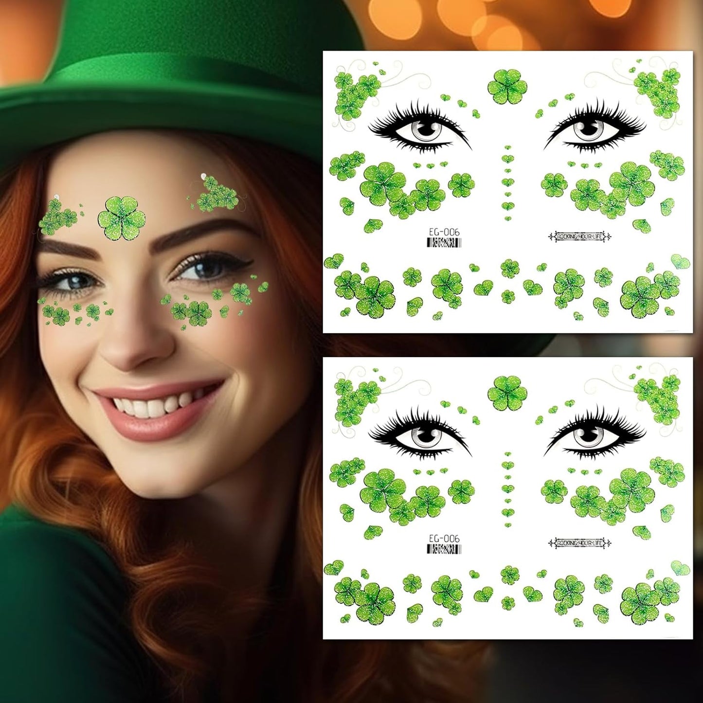 St. Patrick's Face Sticker Green Shamrock Face Gems Temporary Tattoos Sticker Clove Face Body Tattoos Party Makeup Self Adhesive St. Patrick's Day Holiday Festival Party Supplies 2pcs