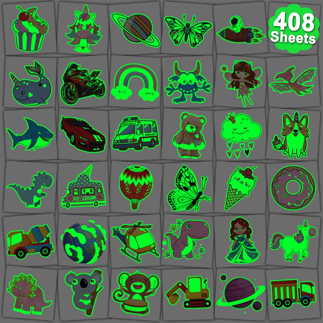 408 PCS Individually Wrapped Luminous Temporary Tattoos for Kids - Glow in The Dark Mixed Tattoos for Kids Birthday Party Favors Goodie Bag Fillers
