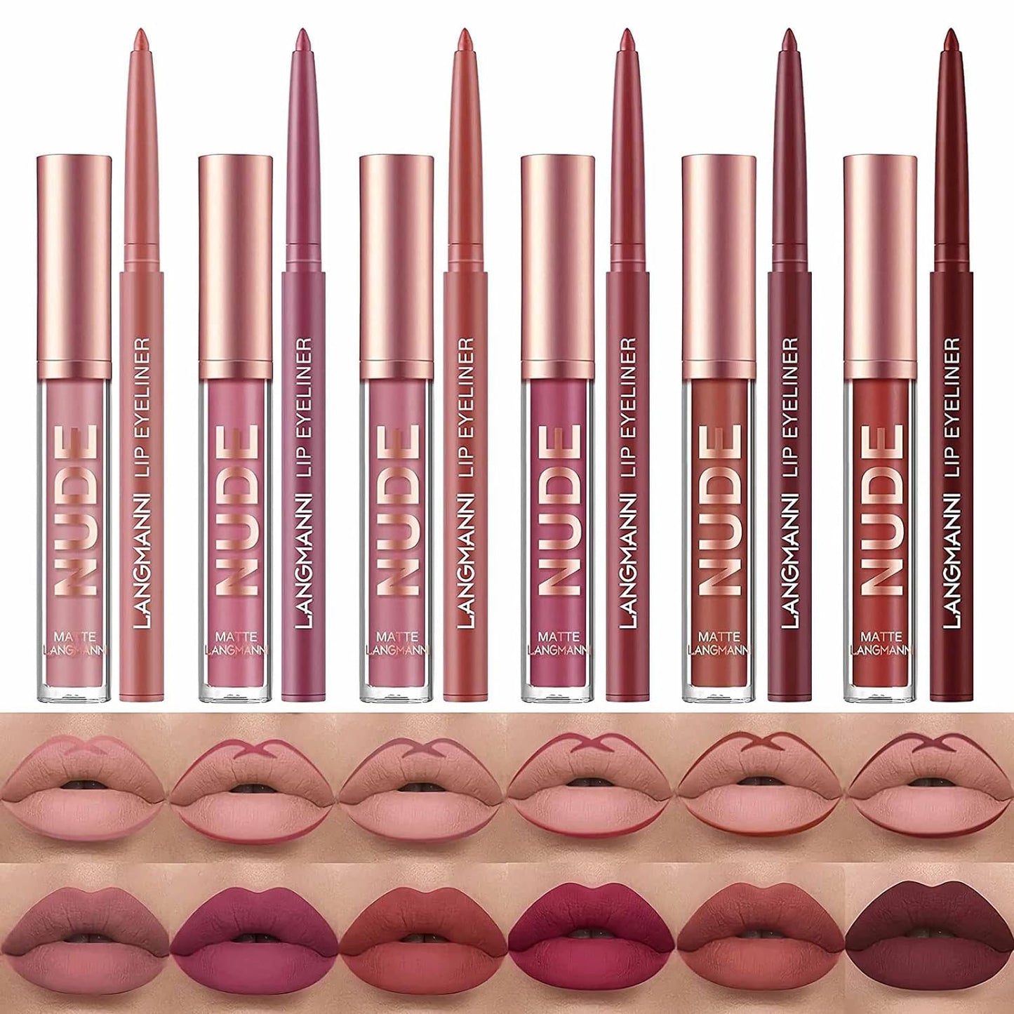 12Pcs Lip Liner and Lipstick Makeup Set, 6 Matte Nude Liquid Lip Stick With 6 Matching Smooth Lipliner pencil, All in One Waterproof Long Lasting Lipgloss, Girls&Women Lips Makeup Gift Set