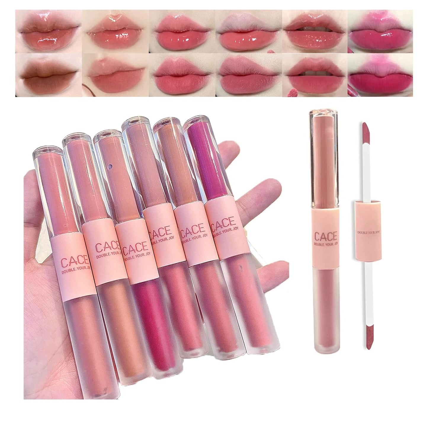 6 Colors 2 in 1 Double-end Lip Gloss Set, 6pcs Matte Velvet & Mirror Finish Liquid Lipstick, Long Lasting Waterproof Glossy Lip Glaze, Plumping Hydrating Fuller Lip Makeup Gift Kit