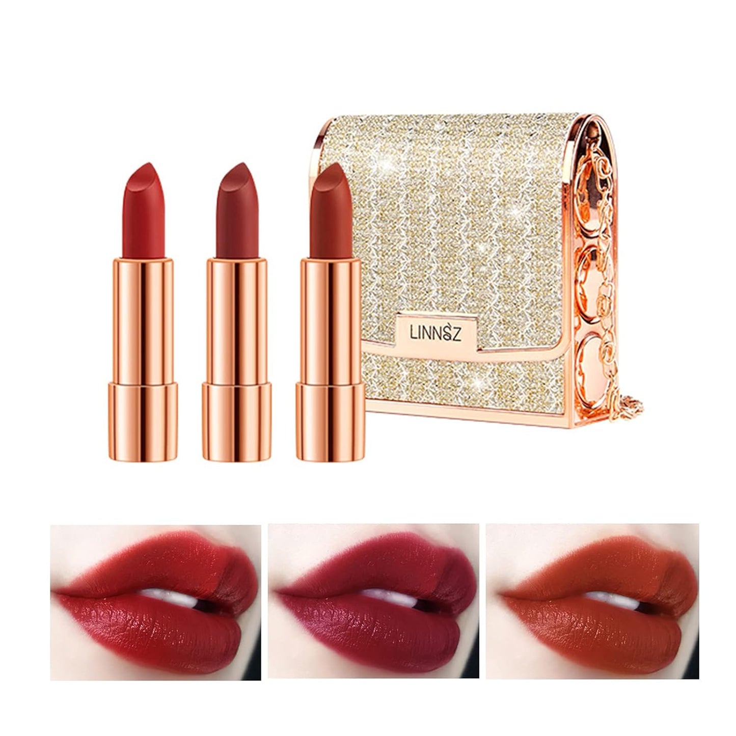Matte Lipstick Makeup Set for Women, 3pcs Long Lasting Velvet Lipstick in One Glamour Chain Bag, Non-Stick Cup Red Lipstick, Not Fade Waterproof Lipstick set, Lip Kit Gift Set