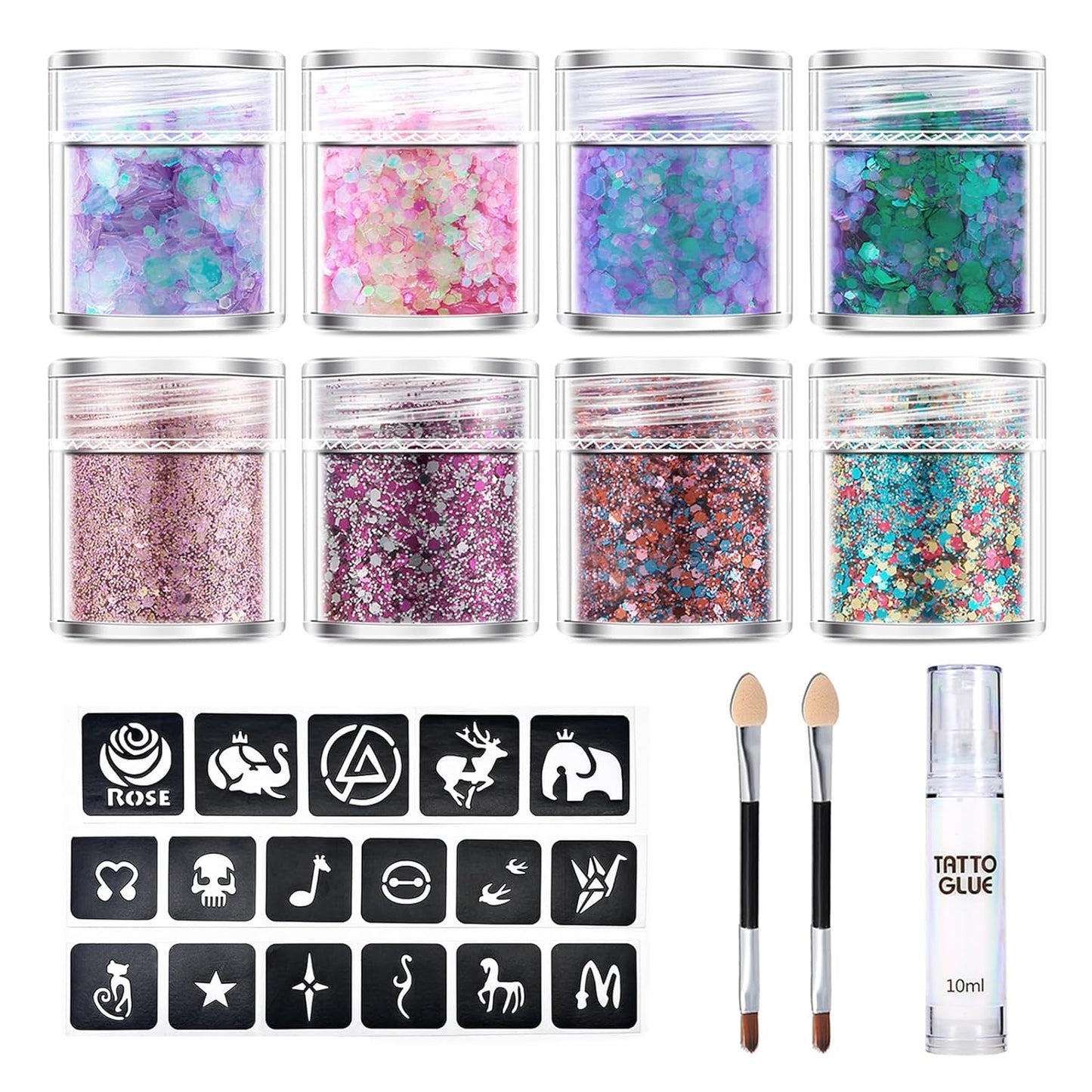 AVJONE Tattoo Glue + Glitter(8 Colors) + Tattoo Stickers(11 Random Patterns), 3-in-One Set, with 2 Brushes