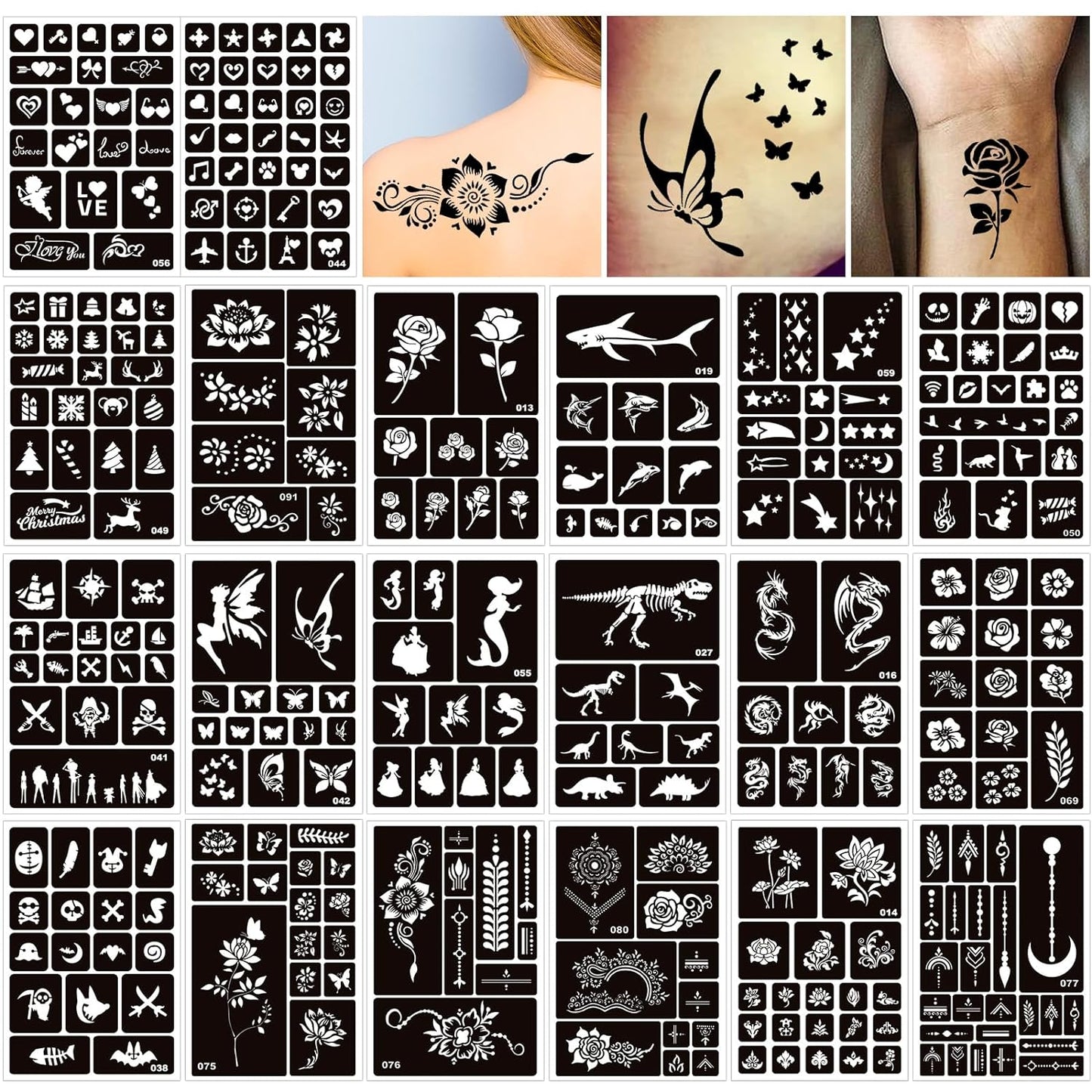 20 Sheets Temporary Tattoos Stencils for Kids, Glitter Henna Face Body Paint Stencil Kit, Girls Flowers Mermaid Boys Dragon Airbrush Art Tattoo for Birthday Halloween Christmas Party Favors