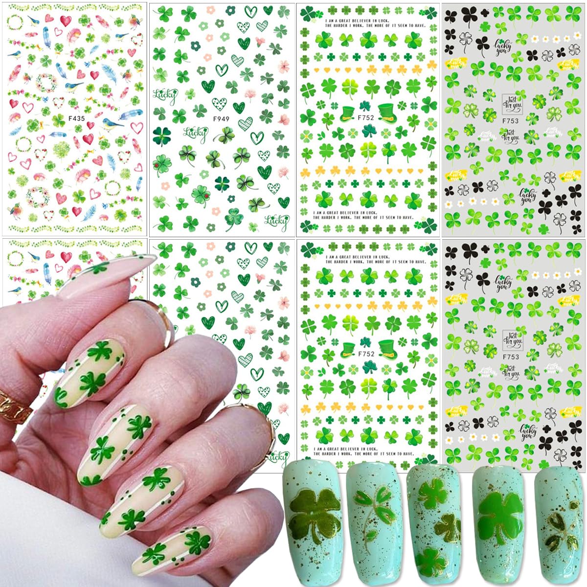8PCS St. Patrick's Day Nail Art Stickers -Green Four-leaf Clover Leaf Nail Decals 3D Self Adhesive Luck of Irish Clover Nail Supplies Spring Summer Shamrock Design for St. Patrick's Day DIY Nail Decor