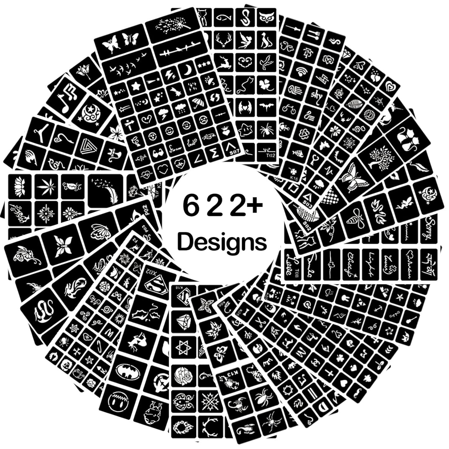 20 Sheets Temporary Tattoo Stencils, 622+pcs Henna Tattoo Stencil Kit for Girls Kids and Boys Face Body Paint DIY Art Reusable Glitter Tattoo Stencils Pack