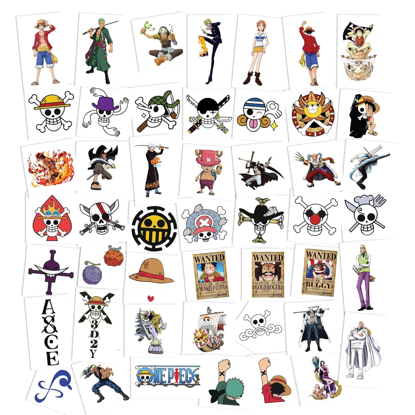 One Anime Piece Temporary Tattoos | 48 Pack | Kids Party Favors | Skin Safe | MADE IN THE USA | Removable