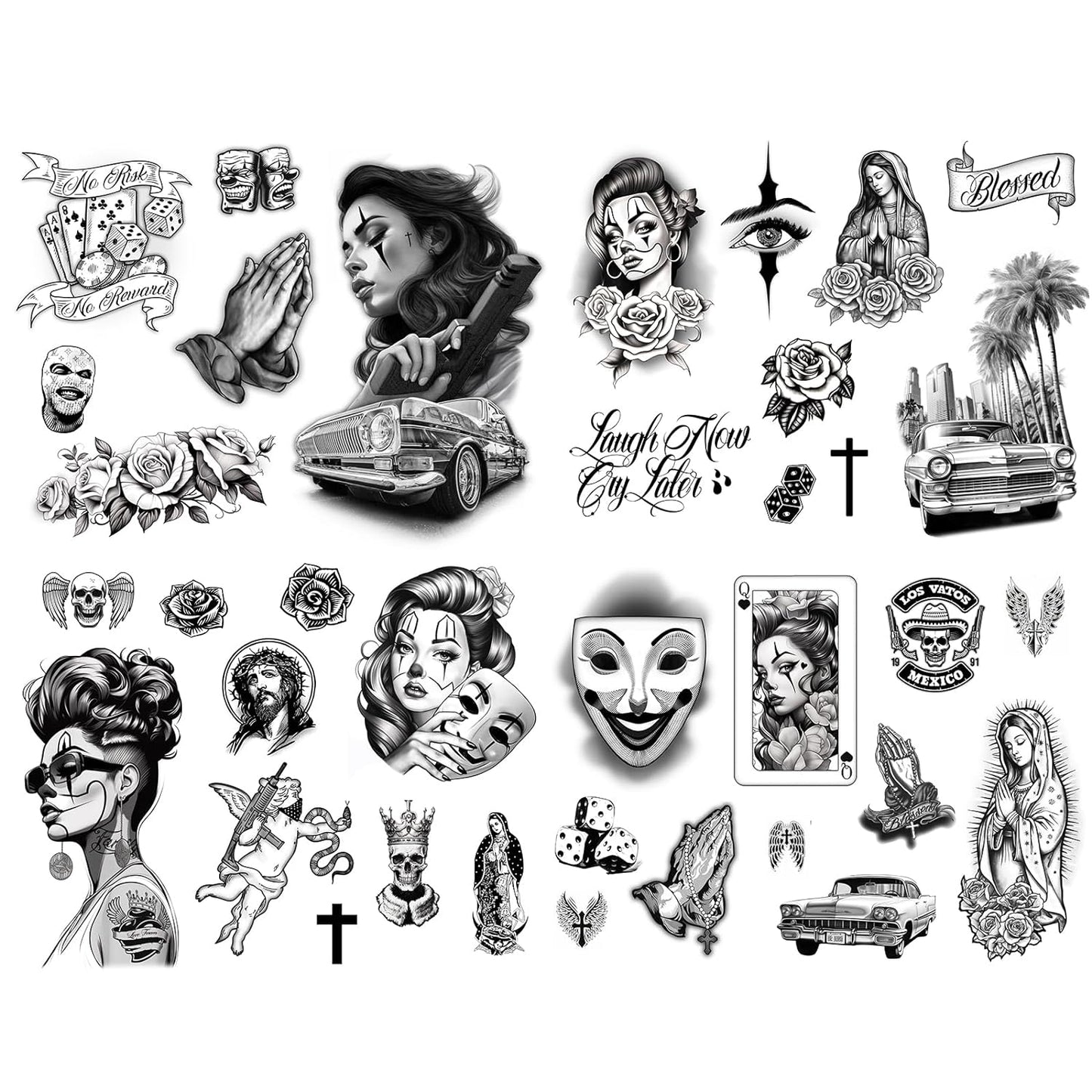 Chicano Vol. II - 36 Designs - Cholo Chola Temporary Tattoos For Men Women, Payasa, Lowrider, Virgin Mary, Prayer, Cross, Chicana, Gangster, Fake Tattoo, Día de Muertos, Tatuajes Temporales