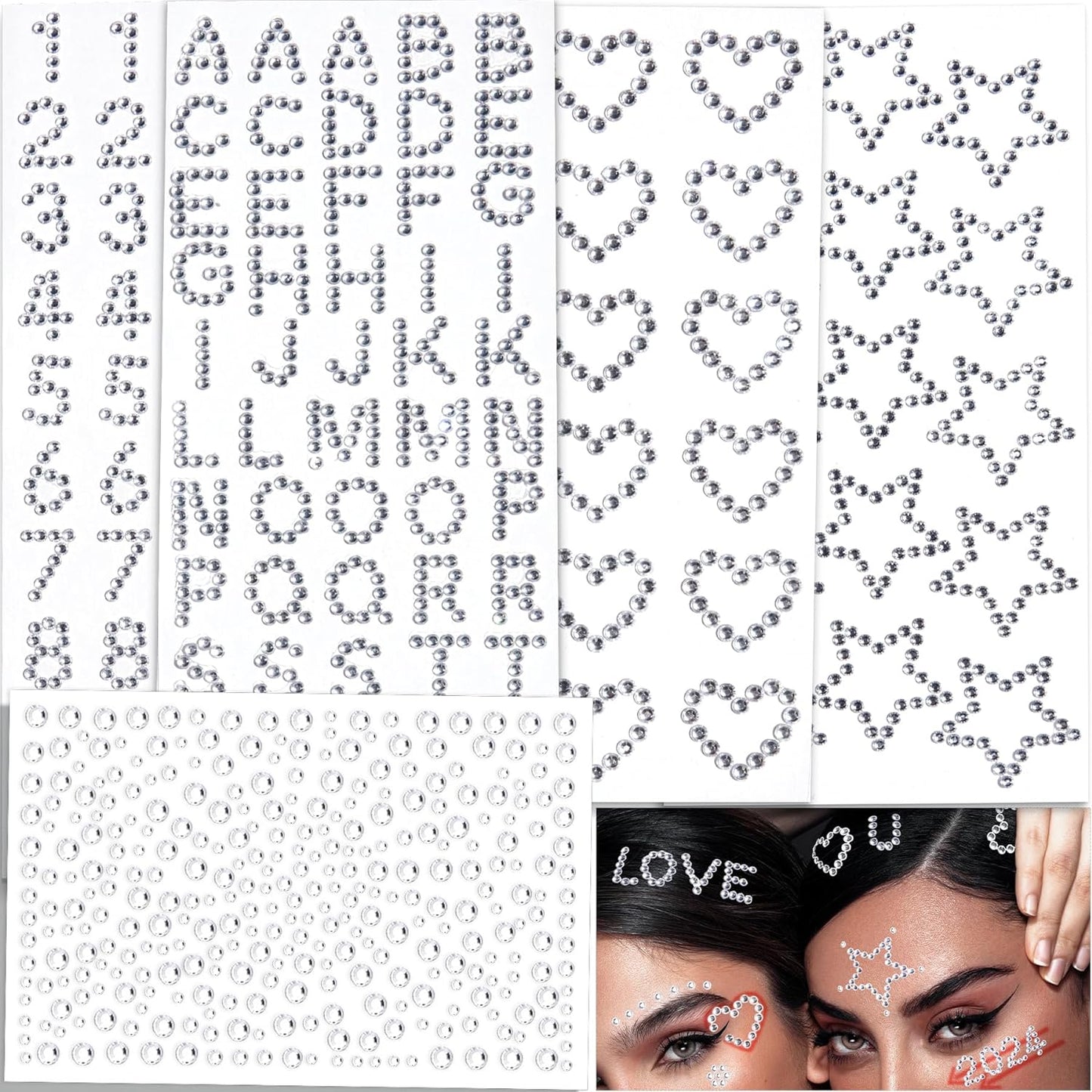 Hair Face Gems Jewels Self Adhesive Heart Numbers Letters Star Rhinestone Stickers, Stick on Rhinestones Stickers for Face, Hair, Makeup, Body, Crafts, Festival Decal Decor (5 Sheets, 463 Pcs)
