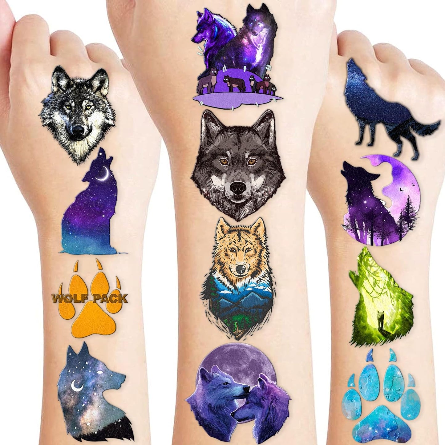 83 PCS Galaxy Wolf Temporary Tattoos Sticker for Kids Jungle Animal Wolf Birthday Party Decorations Favors Supplies Celebration Gifts Boys Girls Adult Cute Moon Forest Tattoo School Reward Themed