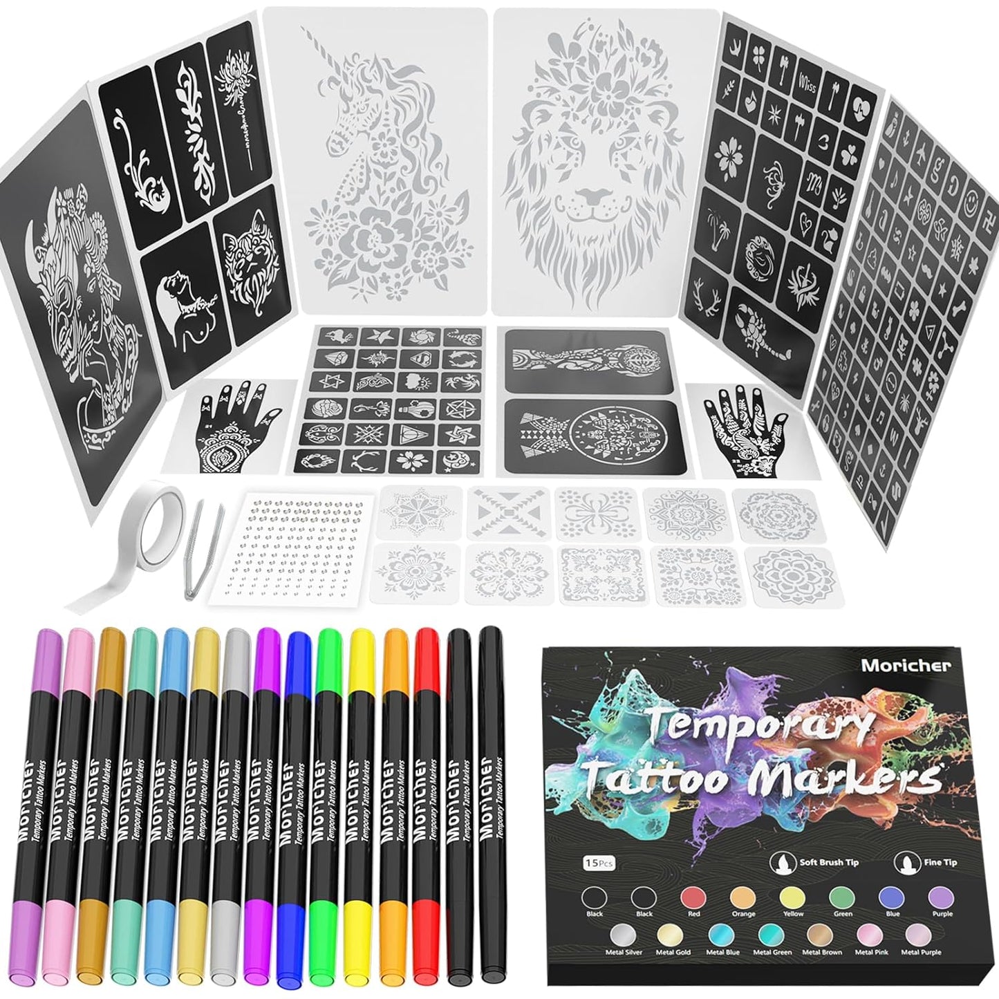 Moricher Temporary Tattoo Kit - 15 Body Markers + 132 Reusable Stencils + Face Gems, Cosmetic Grade Dual-ended Tattoo Pens, A4 Henna Tattoo Templates Tattoo Makeup Supplies
