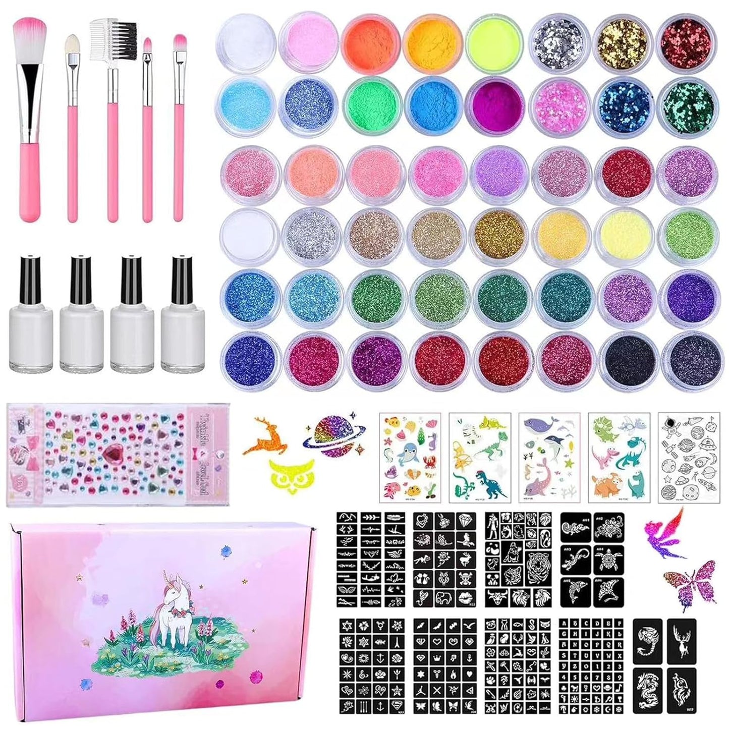 48 Color Glitter Tattoos Kit Kids, Temporary Glitter Tattoos with 209 Stencils, 5 Sheets Glow Temporary Tattoos Stickers, Glitter Art Makeup Kit, Festival Birthday Party Gifts for Girls & Boys