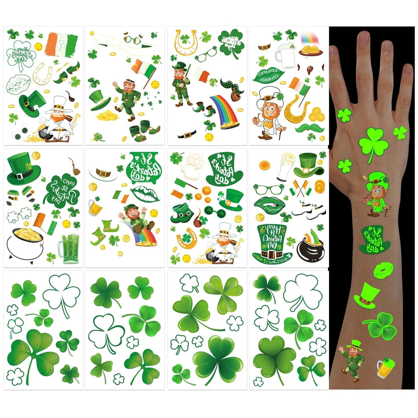 Luminous St Patricks Day Tattoos Stickers - Shamrock Temporary Tattoos Saint Patricks Day Decorations Irish - for Face Stickers St Patricks Day Decor Party Favors