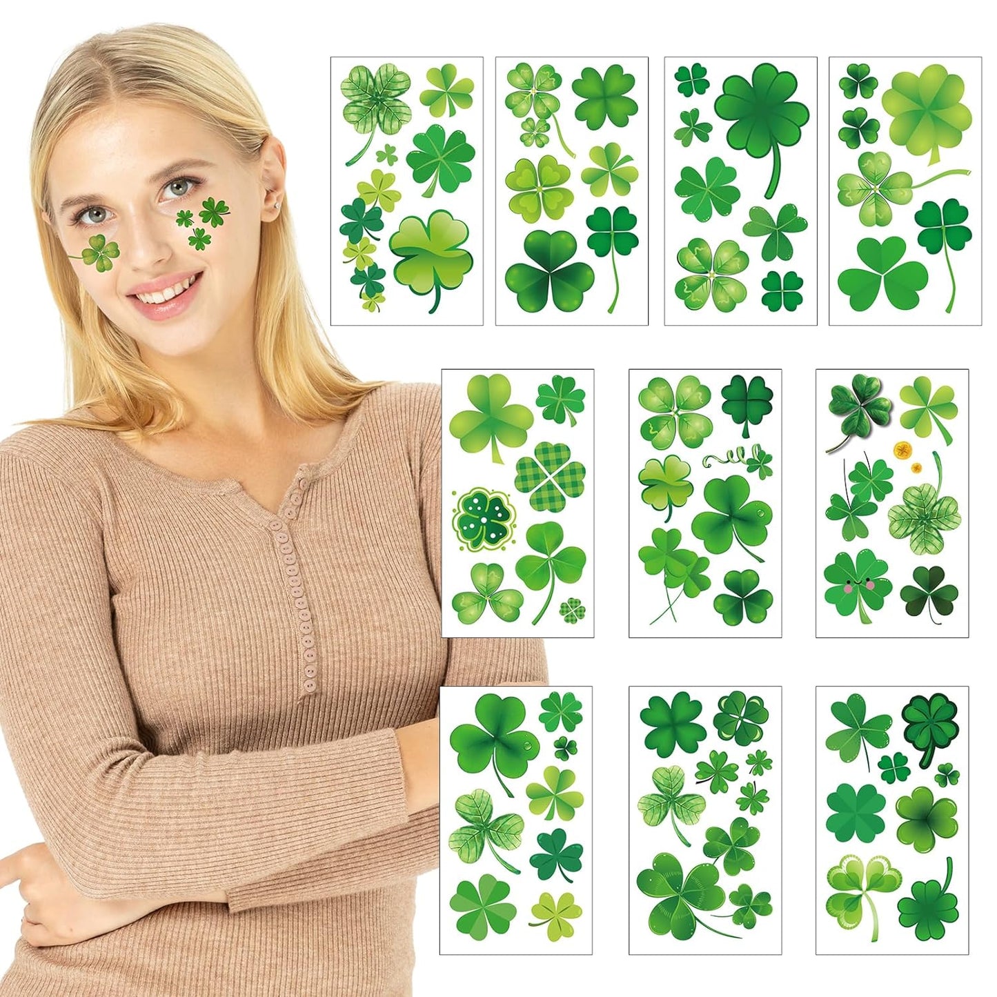 10 Sheets St. Patrick's Day Shamrock Temporary Tattoos Stickers for Kids Women Men Body Face Irish Party Decor Accessories