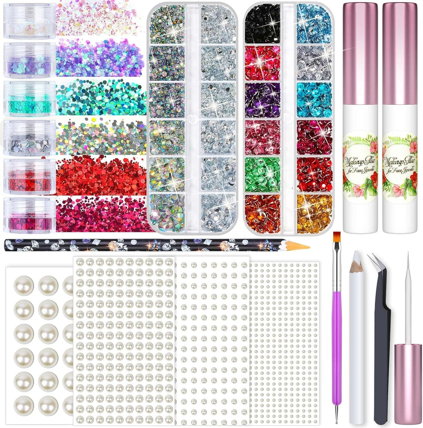 Shynek 6000PCS Face Gems Eyes Rhinestones+795PCS Hair Pearl Stickers with 2PCS Glues for Makeup, Stick on Body Crystal Makeup Jewels with Tweezers Dotting Tools for Body, Nail Art, Hair Decoration