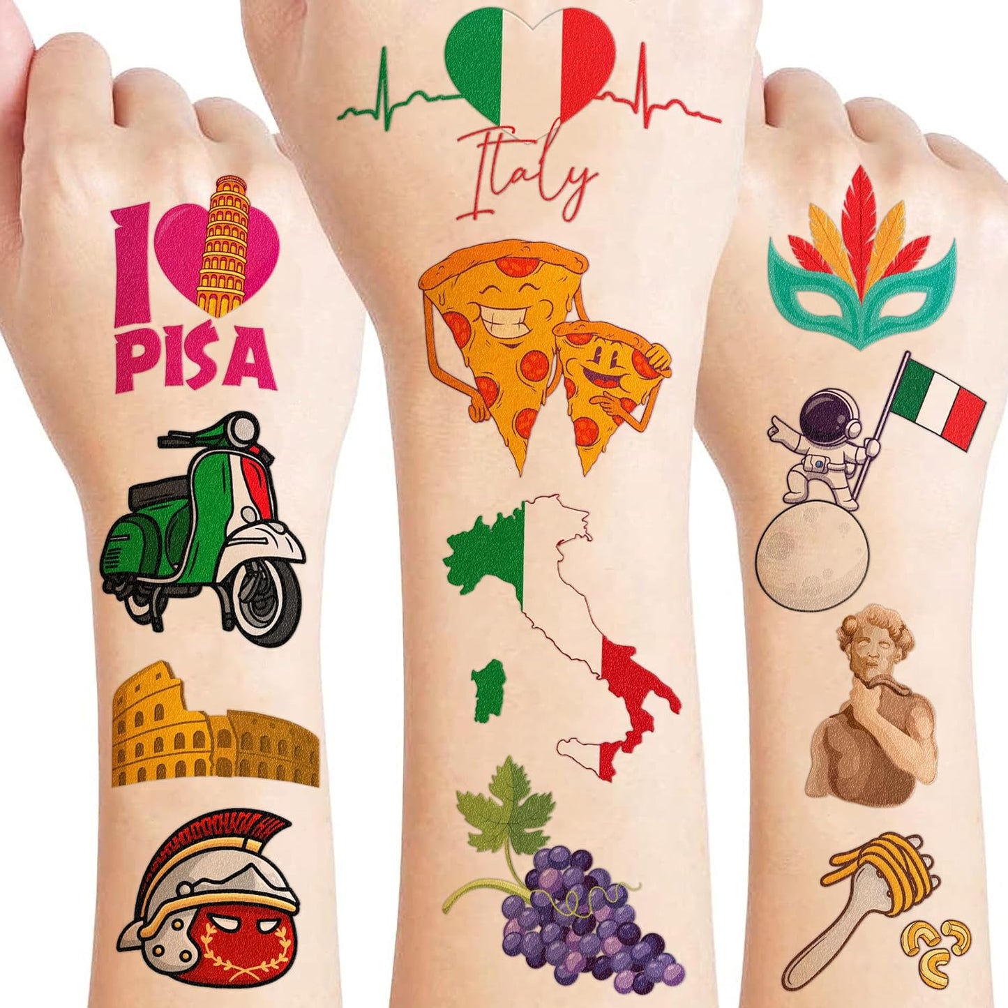 Italy Temporary Tattoos Sticker for Kids Birthday Party Supplies Decorations Party Favors 85PCS Tattoo Italian Flag Inspiring Italy Travel Themed Cute Kids Boy Gifts Ideal School Prizes Rewards