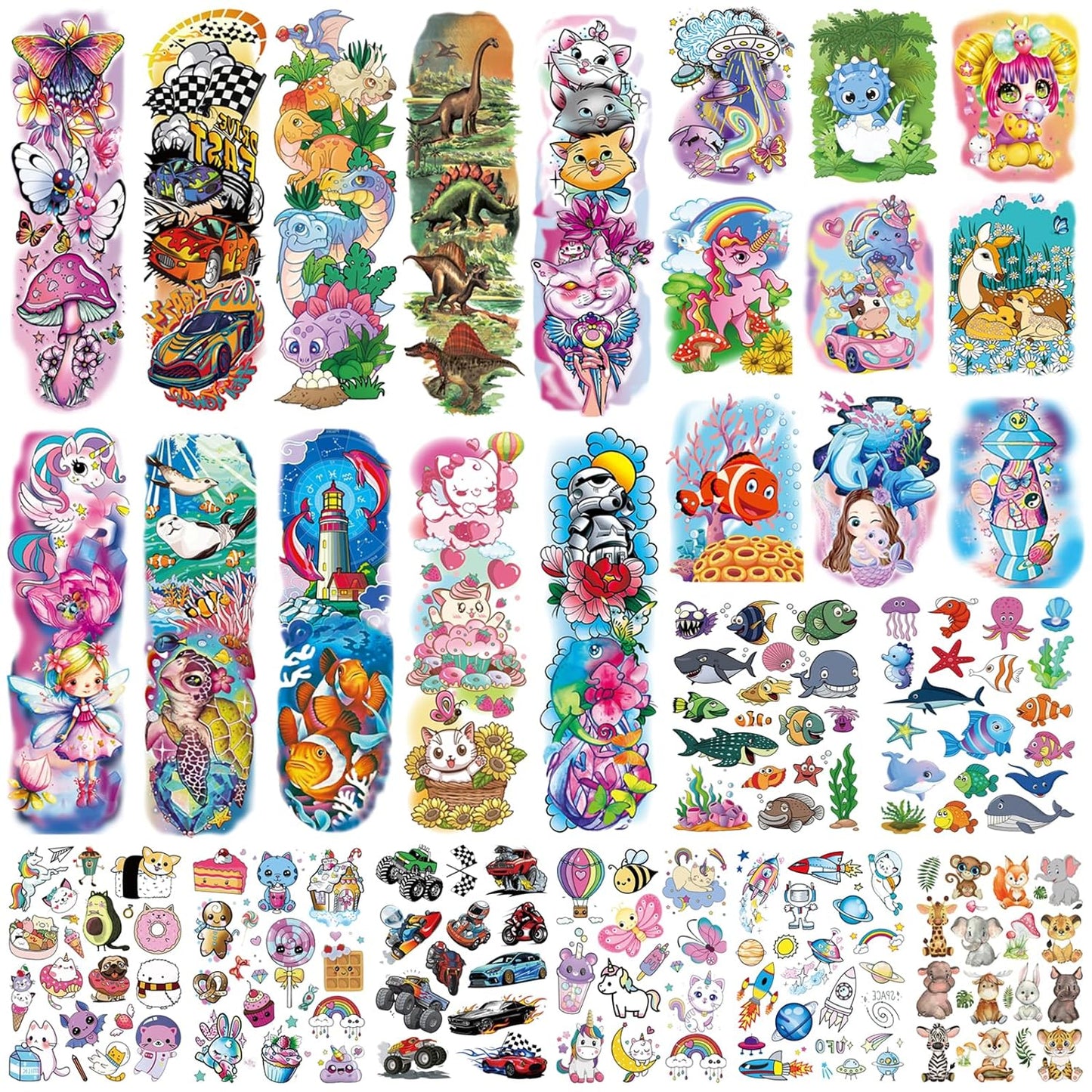 380 Styles (27 Sheets) Temporary Tattoo for kids-Full & Half Arm Tattoos Sleeves for Girls Boys Marine Life Space Racing Car Unicorn Animals Dinosaur Cartoon Tattoos Stickers for Kids