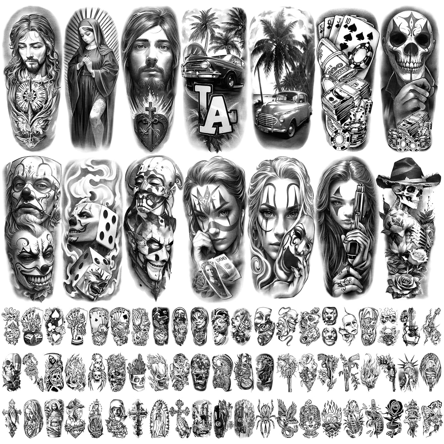 77 Sheets Large Chicano Temporary Tattoos, Chicana Guadalupe Gangster Fake Tattoos Prisoner Day of the Dead, Lowrider Style Culture Mexico Chicano Clown Tattoo Stickers for Men Women Adult