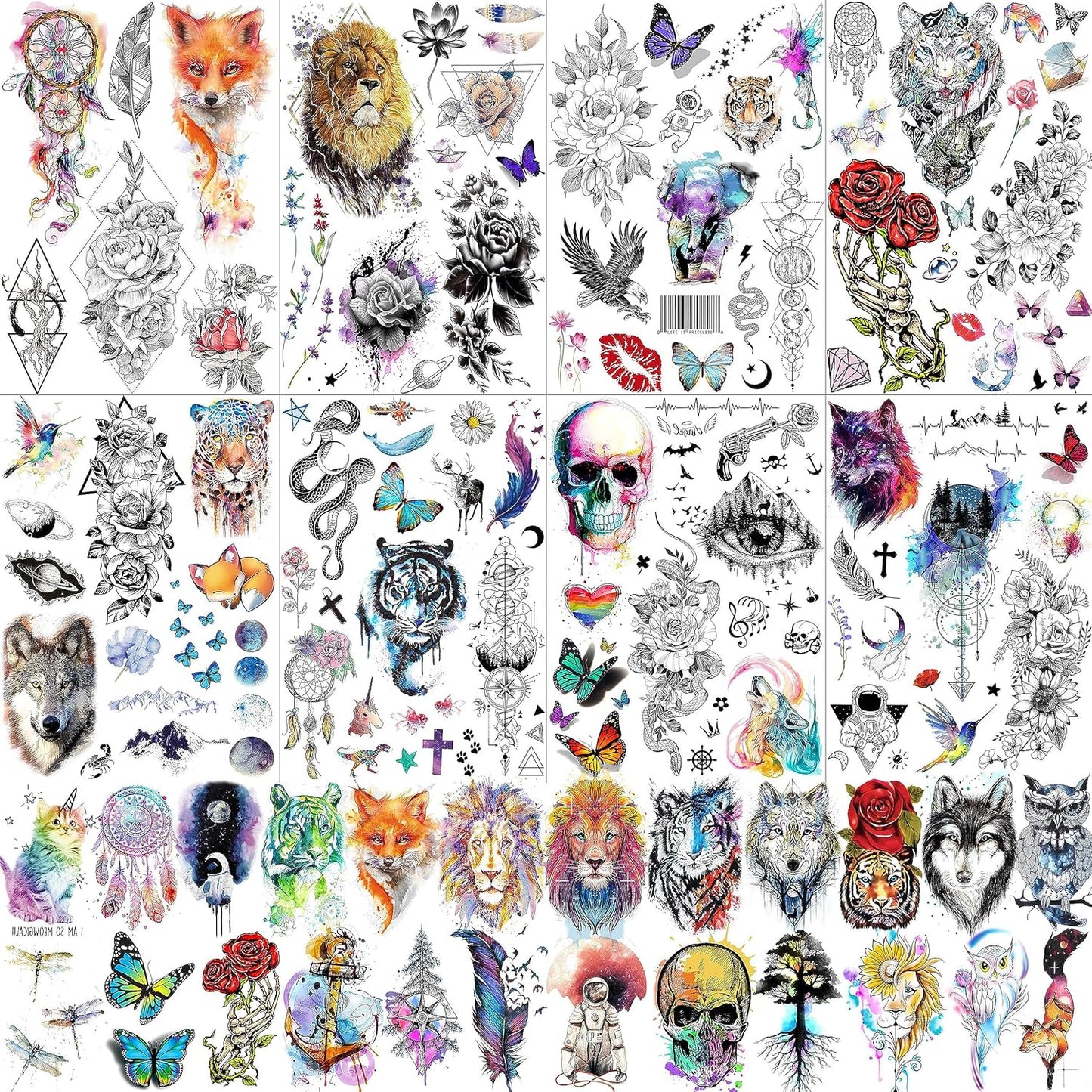 32 Sheets 96+ PCS Watercolor Animals Fox Tiger Lion Temporary Tattoos For Women Men Adult, Skeleton Fake Tattoos That Look Real And Last Long, Space Temp Rose Flower Tattoo Snake Wolf Kids