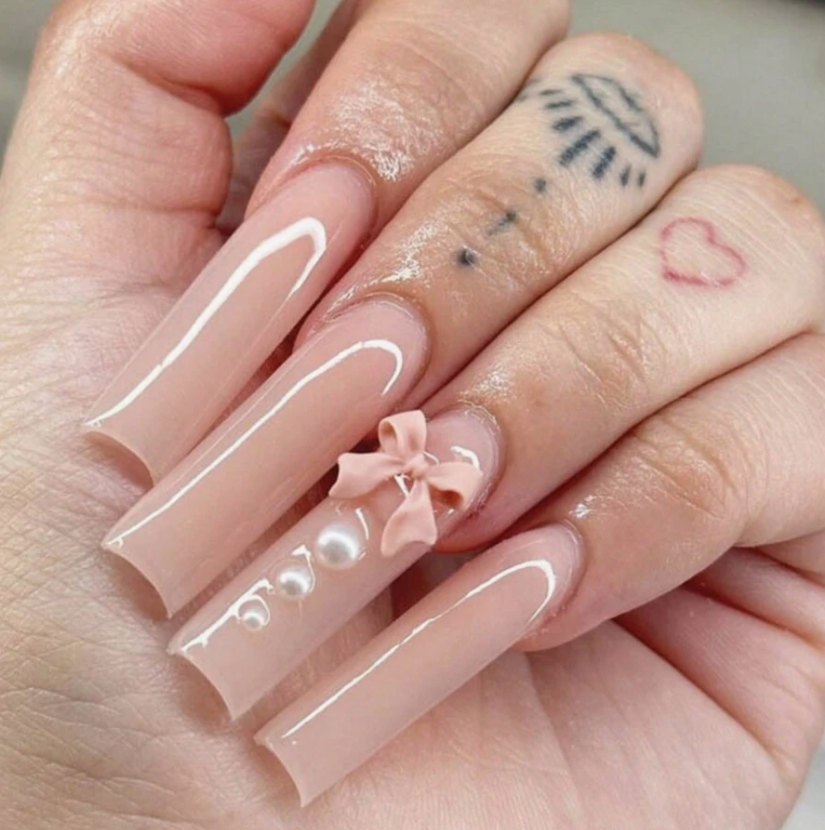 Long Square Nude Pearl Press On Nails