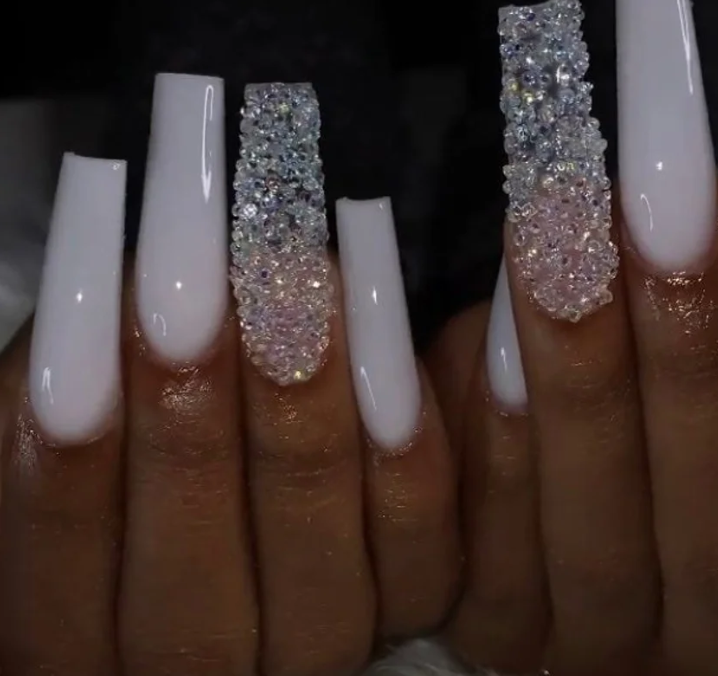 Crystals & White Press On Nails