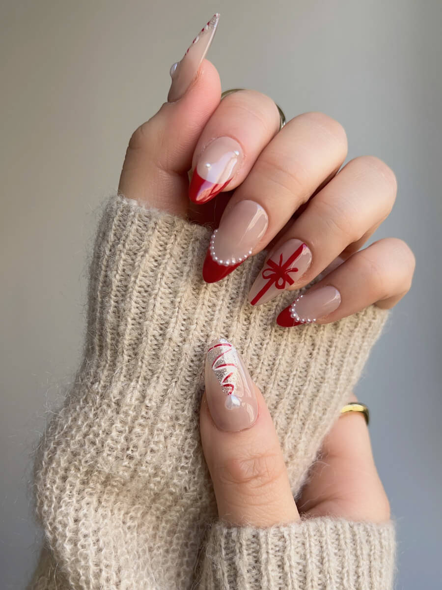 Handmade- Red Surprise Box Med Almond Press On Nail Set