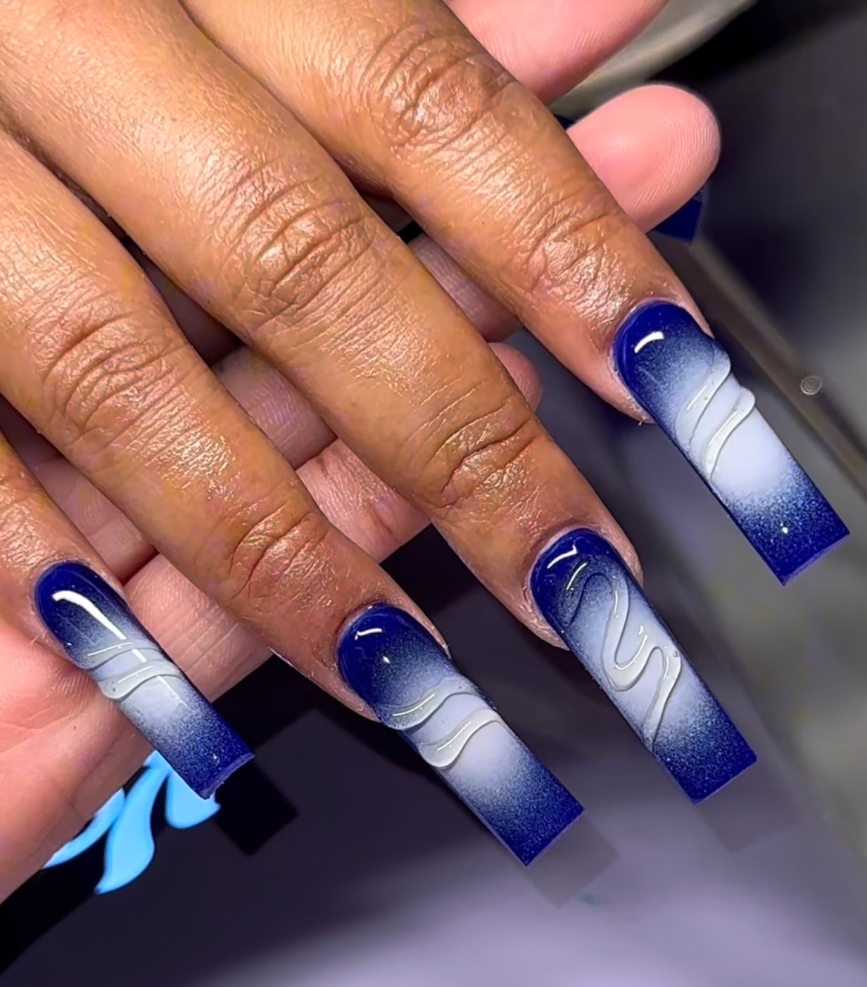 Blue & White Air Brush 3D Press On Nails