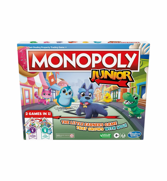 Roll over image to zoom in Monopoly Junior Board Game, 2-Sided Gameboard, 2 Games in 1, Monopoly Game for Younger Children; Kids Games, Junior Games
