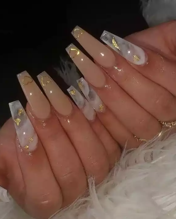 Nude, White & Gold Flakes Press On Nails