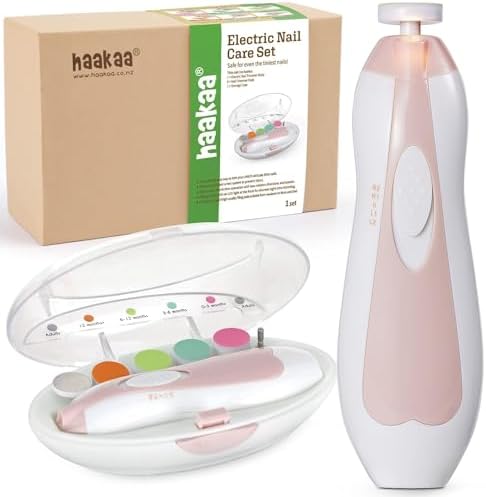 haakaa Baby Nail Trimmer Electric Safe Baby Nail Clippers Baby Nail File Kit Manicure Set, Trim Polish Grooming kit for Newborn Toddler or Adults Toes Fingernails, 6 Grinding Heads and LED Light