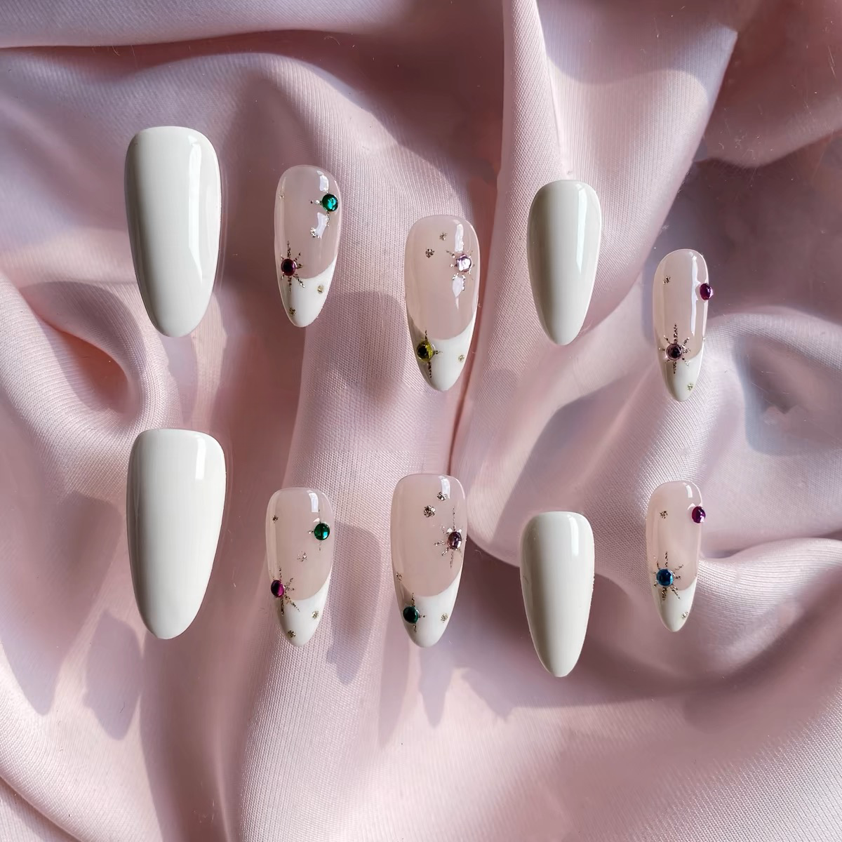Snowy Rainbow Handcrafted Custom Almond French-style Wearable Nails