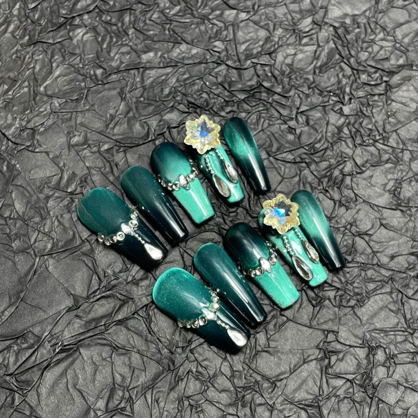 Gradient Green Cat Eye Wearable Nail Art with Rhinestone Accents