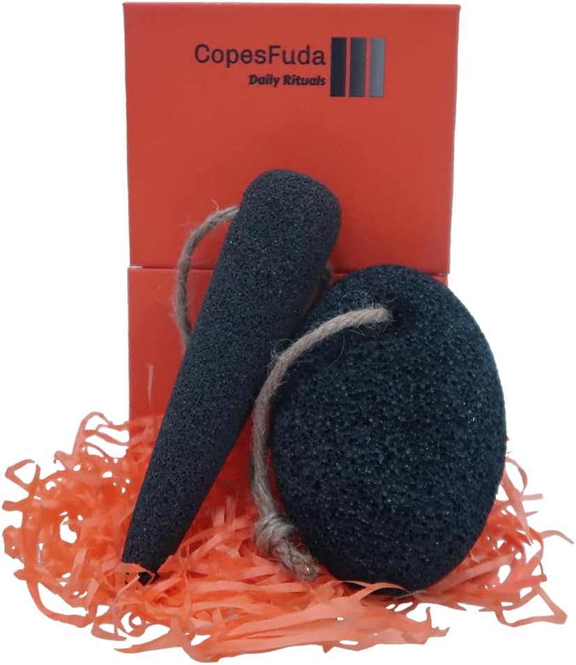 Natural Volcanic Pumice Stone Set with Bamboo Charcoal, 2 Pieces, Foot Scrubber for Dead Skin Removal and Deep Cleansing, Cone Shape for Hard-to-Reach Areas