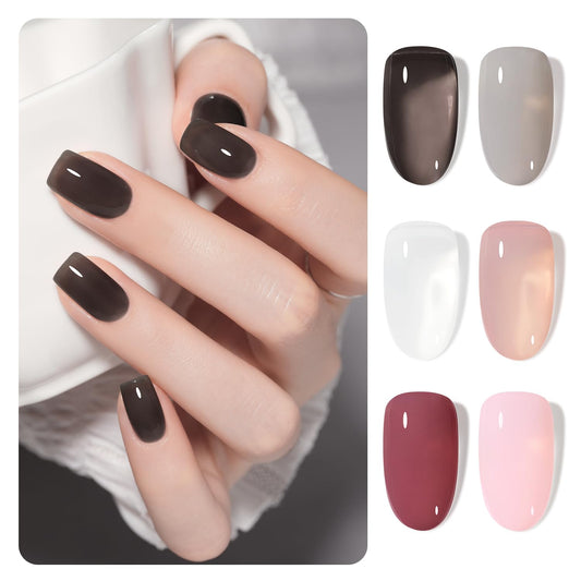 GAOY Gray Pink Jelly Gel Nail Polish of 6 Transparent Nude Pink Black Whiter Colors Sheer Gel Polish Kit for Salon Gel Manicure and Nail Art DIY at Home