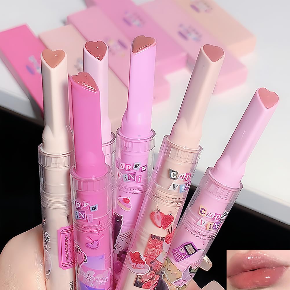 Petansy 6 Colors Jelly Lipstick Heart Shape Lipstick Set Plumping Serum Lip Balm Ultra Hydrating Smooth Lip Gloss for Women Makeup (6 Colors/Set)