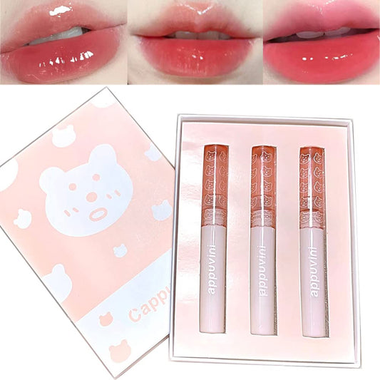 3Pcs Mirror Water Lip Gloss Glass Lipstick Set, Moisturizing Long Lasting Lip Glaze, Hydrated & Fuller-looking Lips, High Pigmented Lip Makeup Gift Sets for Girls and Women (A)