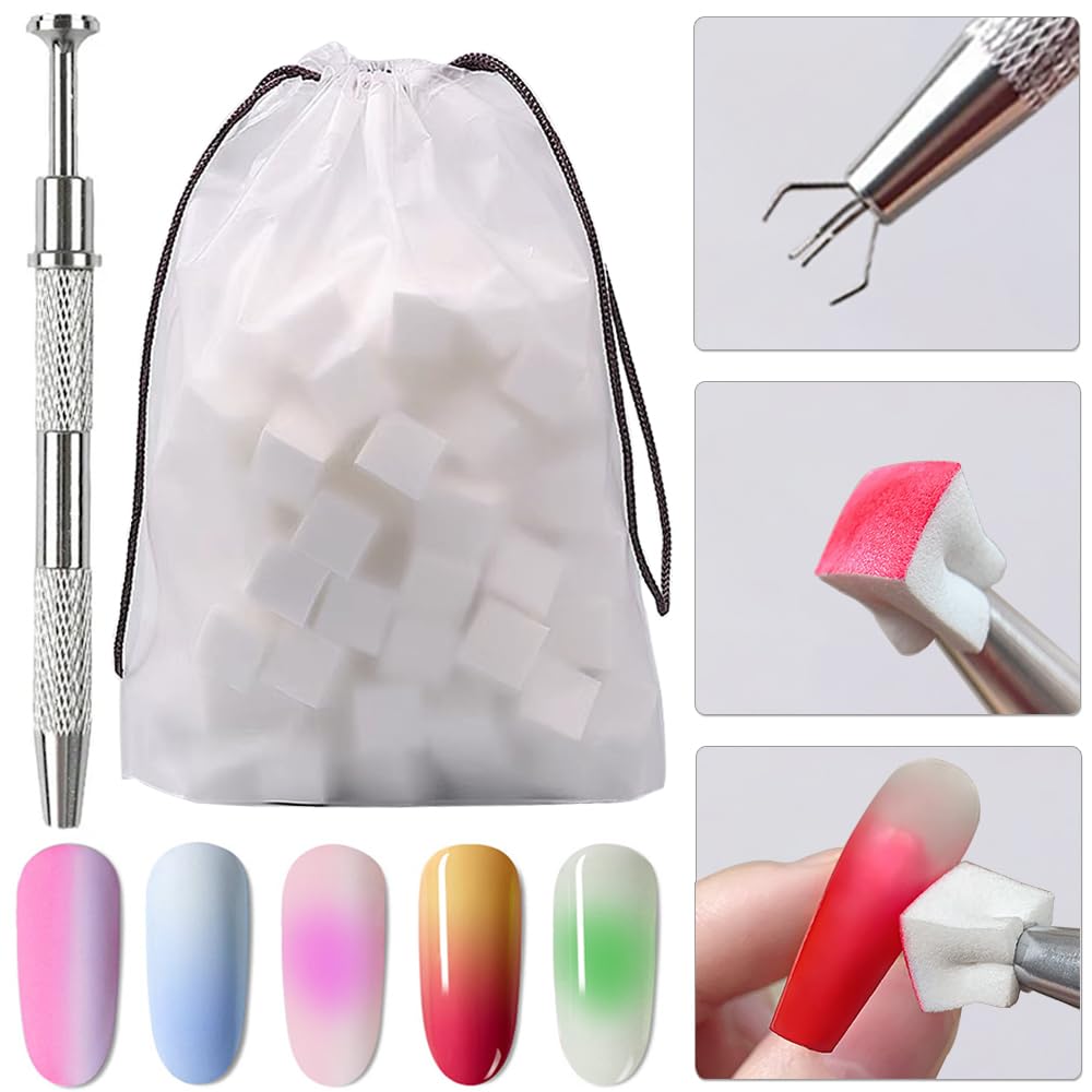1Pcs 4 Claws Nail Sponge Metal Grabber,50Pcs Mini Replaceable Nail Sponges Blocks,Manicure Blusas Gradient Nail Art Sponges Nail Rhinestones Gripper Nail Art Tools for Nail Supplies Nail Accessories