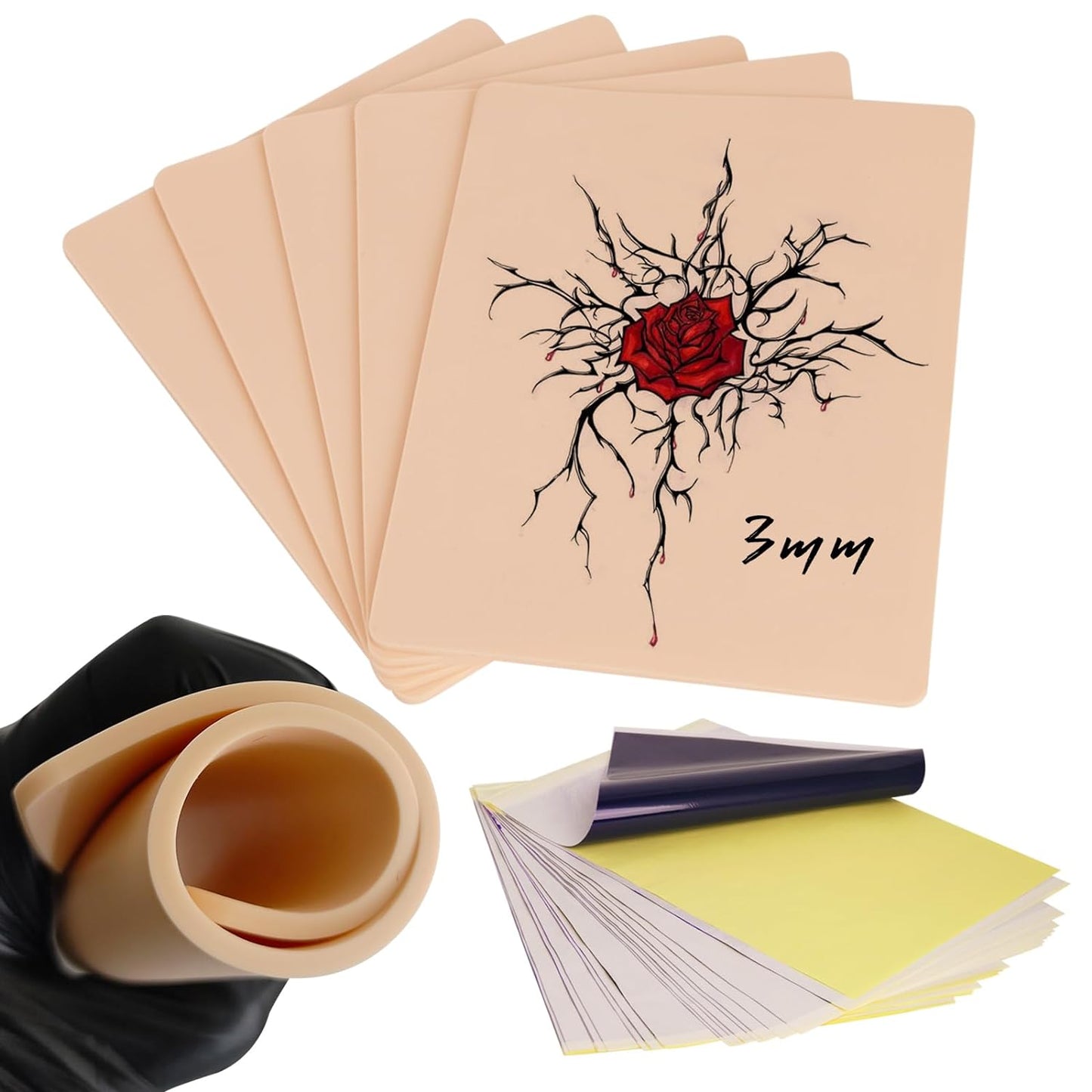 3MM Tattoo Practice Skin and Transfer Paper Kit - WZPB 3MM Fake Skin and Stencil Transfer Paper Include 5Pcs Tattoo Fake Skin and 20Pcs Tattoo Stencil Paper for Beginners and Experienced Artists