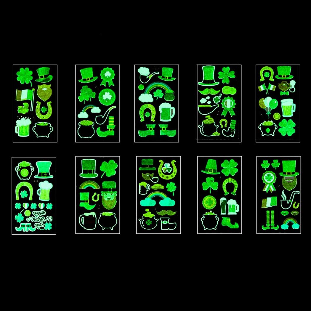 10PCS St. Patrick’s Day Tattoos Irish Face Tattoo Stickers Glow Shamrock Temporary Tattoos Irish Pattern Accessories for Party Favors Supplies (Green-A (luminous))