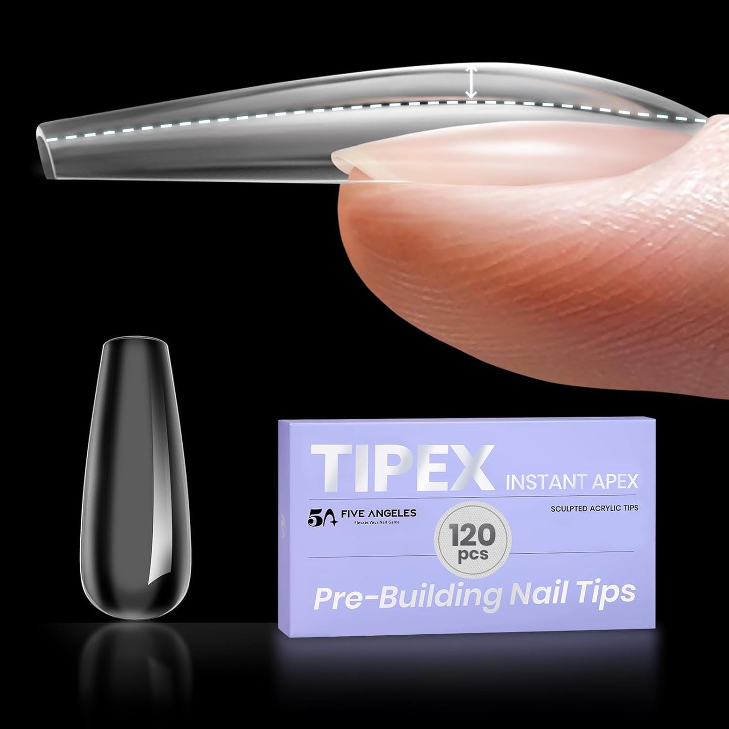 Five Angels Tipex Acrylic Nail Tips 120pcs Thicken Long Coffin Fake Nail Tips,Strong Pre-building Full Cover False Nails for Beginer Nail Building & Extension,Clear Press-on Nails for Flat Nail Bed