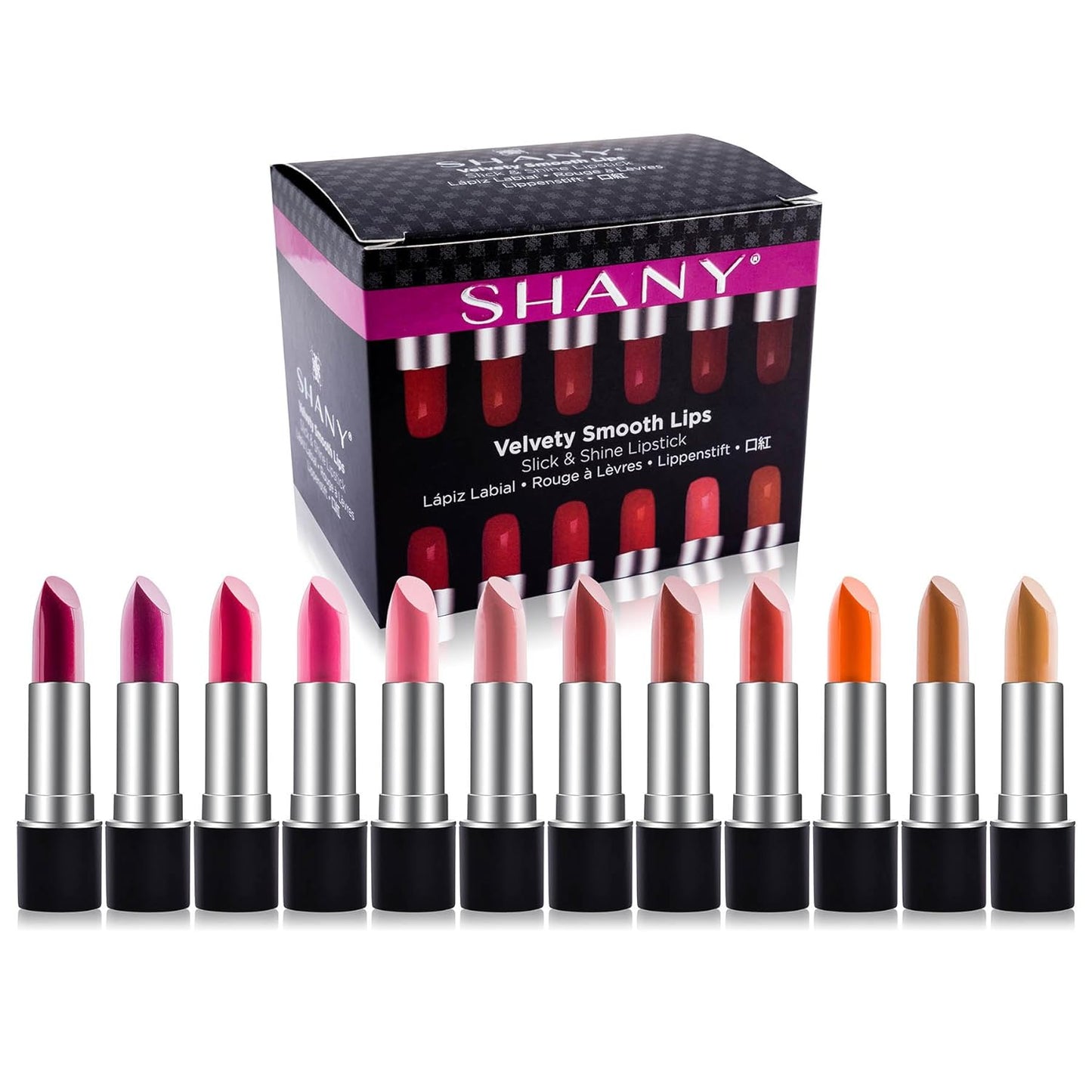 SHANY Slick & Shine Multi-Colored Lipstick Set - 12 Matte Lip Colors Long Lasting & Moisturizing Lip Shades In A Premium Packaging Gift Box with Vitamin E and Aloe Vera.