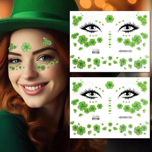St. Patrick's Face Sticker Green Shamrock Face Gems Temporary Tattoos Sticker Clove Face Body Tattoos Party Makeup Self Adhesive St. Patrick's Day Holiday Festival Party Supplies 2pcs