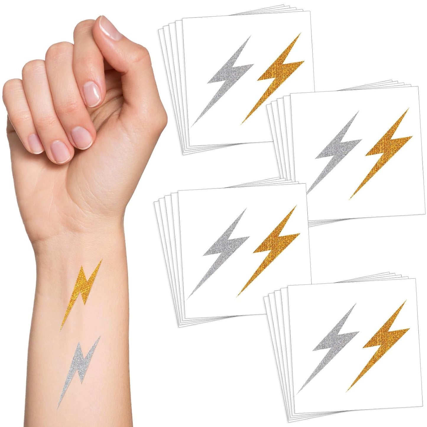 50 Sheets 100 Pcs Glitter Lightning Bolt Temporary Tattoos Metallic Gold and Silver Lightning Bolt Stickers 2 x 2 Inches Removable Apparel Accessories for Birthday Party Favor Decorations
