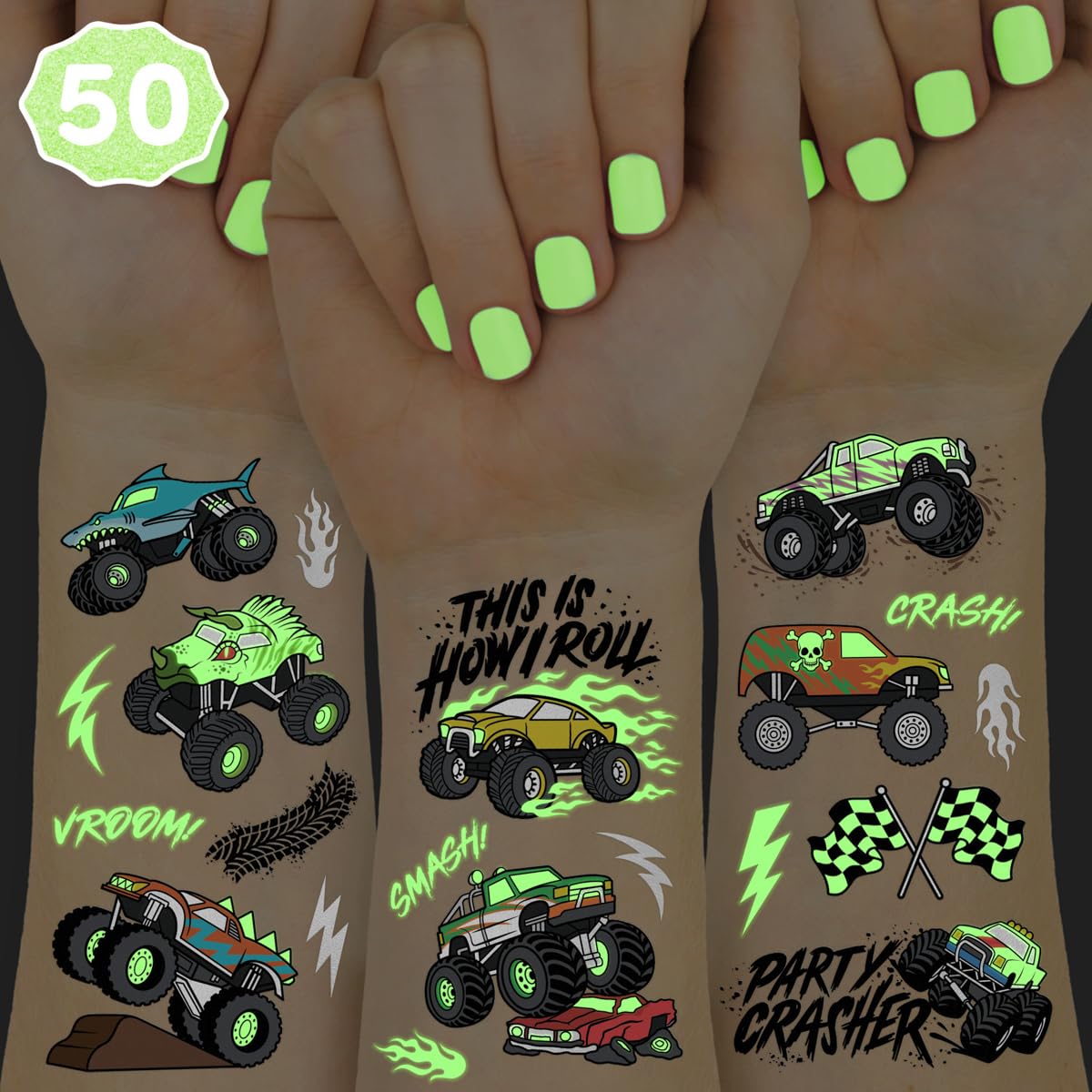 xo, Fetti Glow In The Dark Monster Truck Temporary Tattoos - 50 Foil Styles | Truck Birthday Party Decorations, Boys Pick Up Truck Party Favors, Race Car Temp Tats, Kids Arts and Crafts Supplies