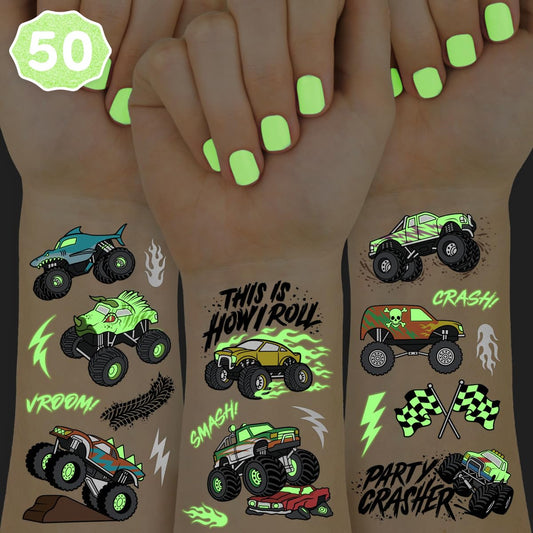 xo, Fetti Glow In The Dark Monster Truck Temporary Tattoos - 50 Foil Styles | Truck Birthday Party Decorations, Boys Pick Up Truck Party Favors, Race Car Temp Tats, Kids Arts and Crafts Supplies
